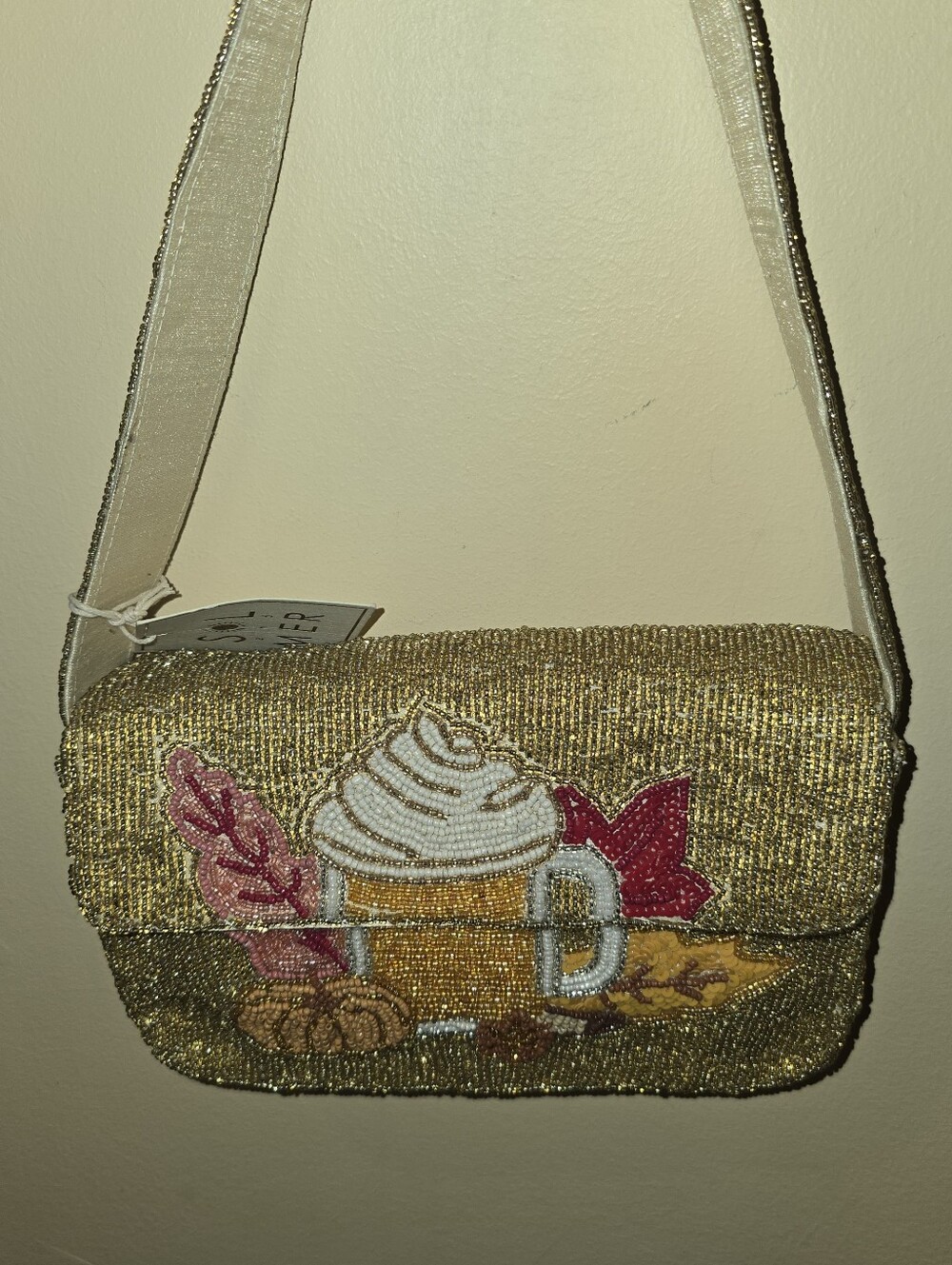TJ Maxx Viral Autumn Pumpkin Spice Latte Beaded Handbag Gold Metallic  NWT - Picture 3 of 15